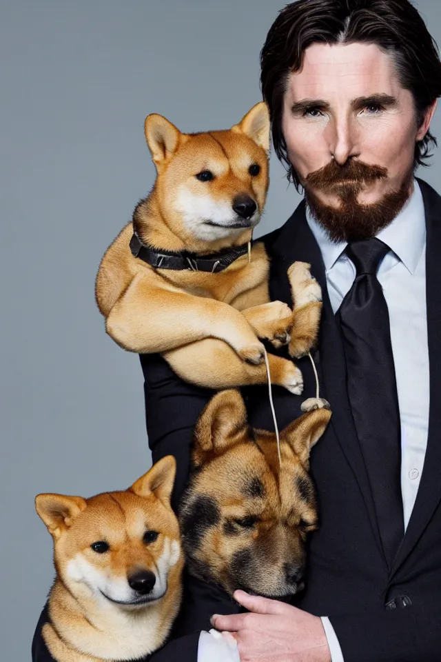 Image similar to a highly detailed portrait of christian bale wearing a suit, holding a shiba inu in his arms, hyperrealistic, highly detailed, 8 k, canon 2 4 mm f / 1. 4 lens,