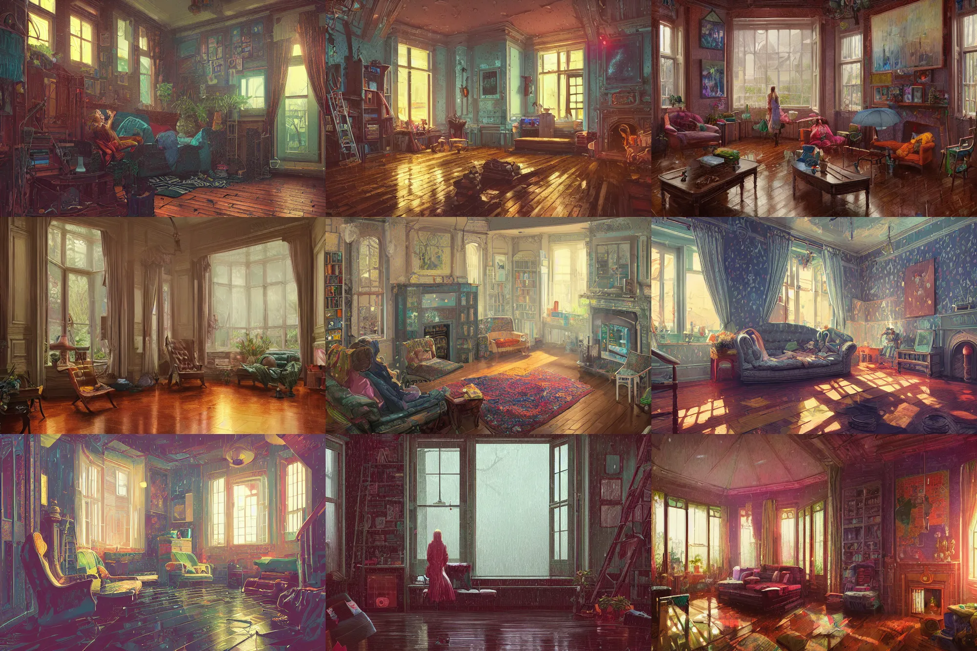 Prompt: interior of a Victorian house, heavy rain, a beautiful painting, digital art, overdetailed art, concept art, detailed illustration, hd, 4k, digital art, highly saturated colors, Dan Mumford, Greg rutkowski, Victo Ngai