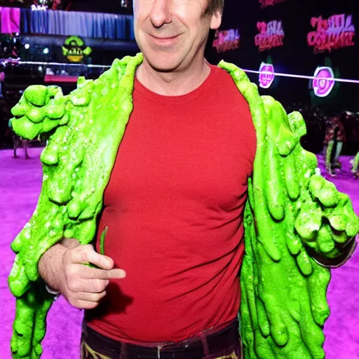 Image similar to Saul Goodman!, covered in green slime!!, ((at the Kid Choice Awards)) , professional photography