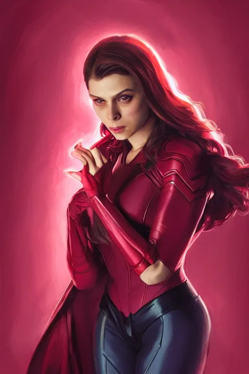 Image similar to Karan Johar as Scarlet Witch, Scarlet Witch costume, villany, portrait, masculine figure, highly detailed, digital painting, artstation, concept art, smooth, sharp focus, illustration, cinematic lighting, art by artgerm and greg rutkowski and alphonse mucha