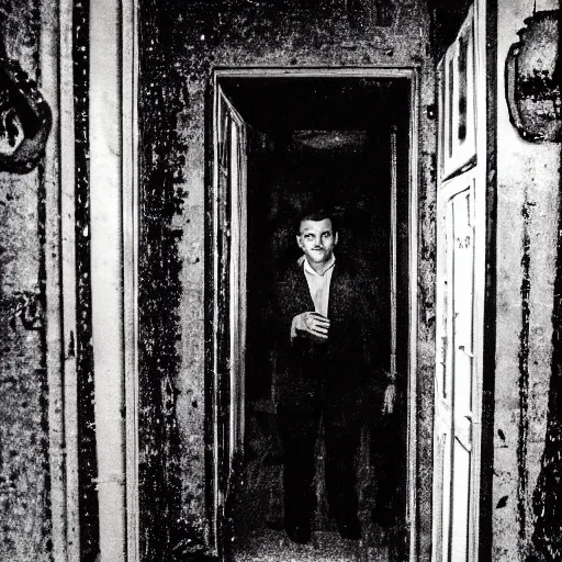 Image similar to Ted Cruz with a wide grin wielding a chainsaw peaking through a door in the distance at the end of a narrow corridor, black and white, creepy lighting, scary, horror, ornate, eerie, fear, oil painting