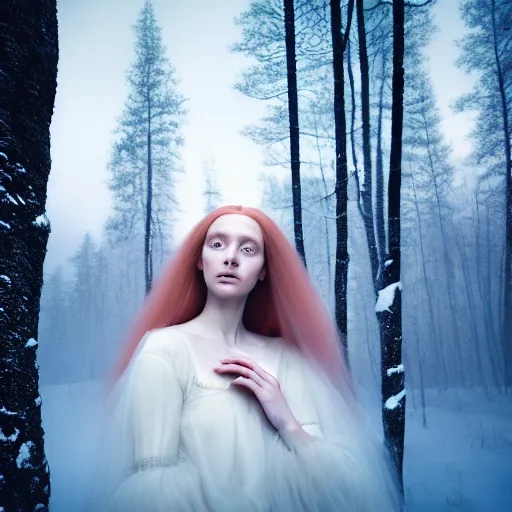 Image similar to photographic portrait of a stunningly beautiful english renaissance female in soft dreamy light at sunset, snowy forest, soft focus, contemporary fashion shoot, in a denis villeneuve and tim burton movie, by edward robert hughes, annie leibovitz and steve mccurry, david lazar, jimmy nelsson, extremely detailed, breathtaking, hyperrealistic, perfect face, octane render