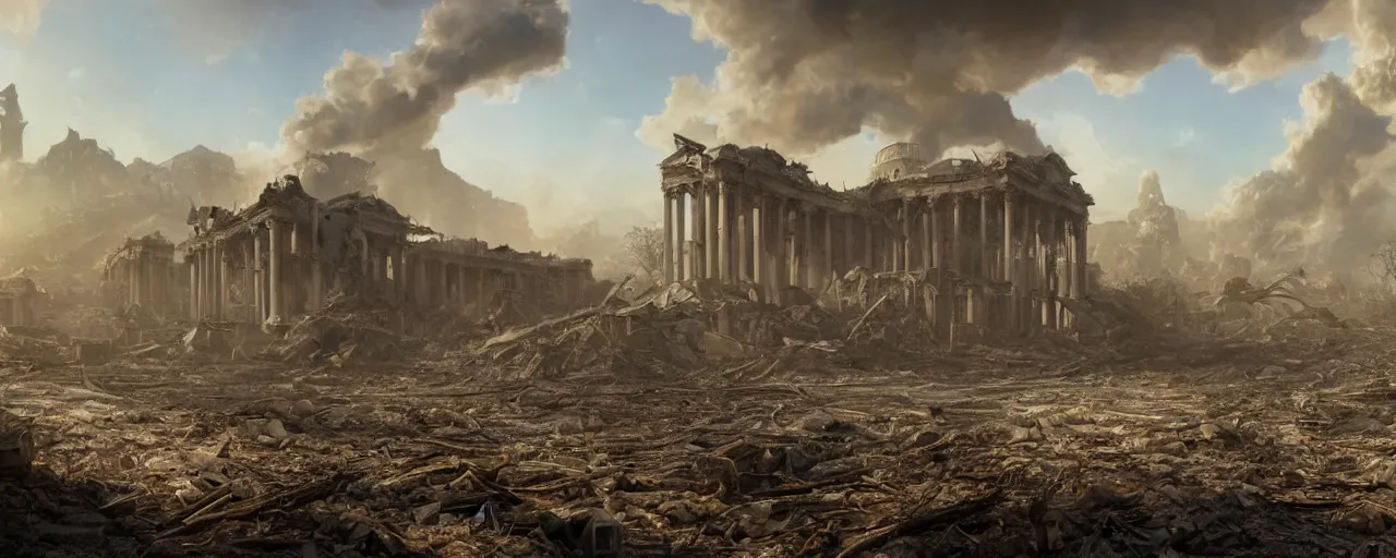 Image similar to A beautiful hyper realistic detailed matte painting of the destroyed Capitolium after nuclear bomb | post-apocalyptic landscape at early sunrise | a lot of debris and burned bushes and trees | by John Howe and Andreas Rocha and Martin Johnson Heade and Albert Bierstadt, Fallout style | unreal engine, trending on artstation, golden ratio, rectilinear