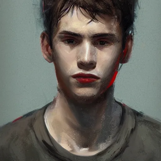 Image similar to Portrait of a man by Greg Rutkowski, he is about 20 years old, gallant, straight jaw, attractive, short brown hair with bangs, athletic and strong, childhood friend vibes, he is wearing red and black utilitarian jumpsuit, highly detailed portrait, digital painting, artstation, concept art, smooth, sharp foccus ilustration, Artstation HQ.