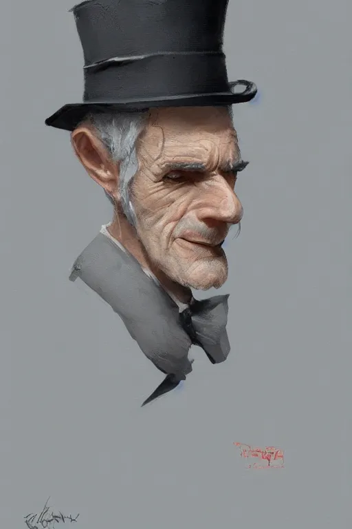 Image similar to a grey hair old halfling with no beard stubble top hat and suit by Greg Rutkowski, painting, portrait, HD, high details, trending on artstation