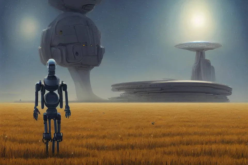 Prompt: sci-fi painting of a large alien city on the vast wheat fields, the closed back view of one humanoid robot on the ground, by Christopher Balaskas, godrays, detailed