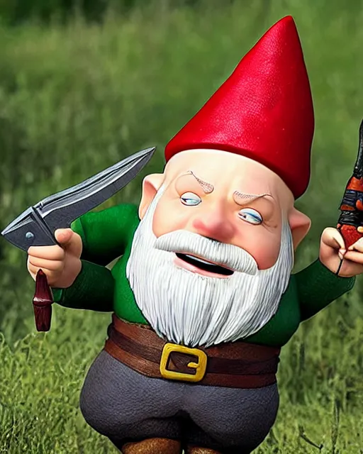 Image similar to bald gnome with big white beard holding a dagger and bomb running through a field looking angry.