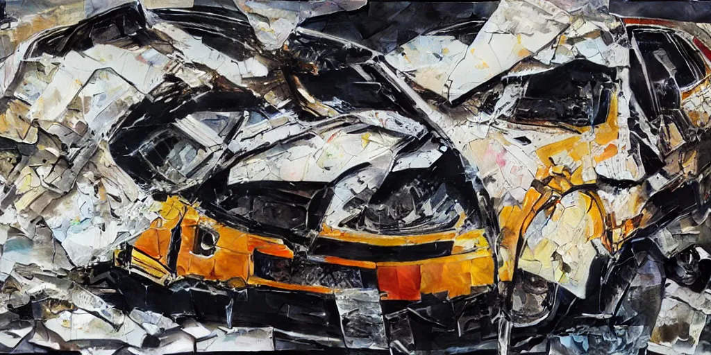 Image similar to car crash test, collage paper and tape, acrylic on canvas, hyperrealism mixed with expressionism, breathtaking detailed, by blake neubert