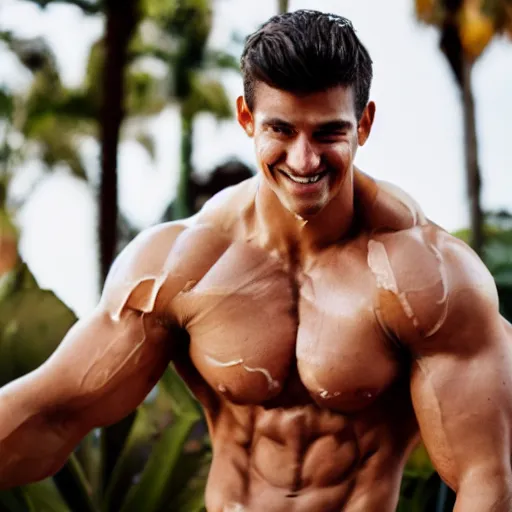 Image similar to attractive muscular man with a creepy smile bathing in honey