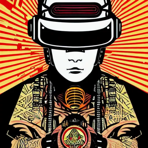 Image similar to !dream Illustrated by Shepard Fairey and H.R. Geiger | Cyberpunk Samurai with VR helmet, surrounded by cables