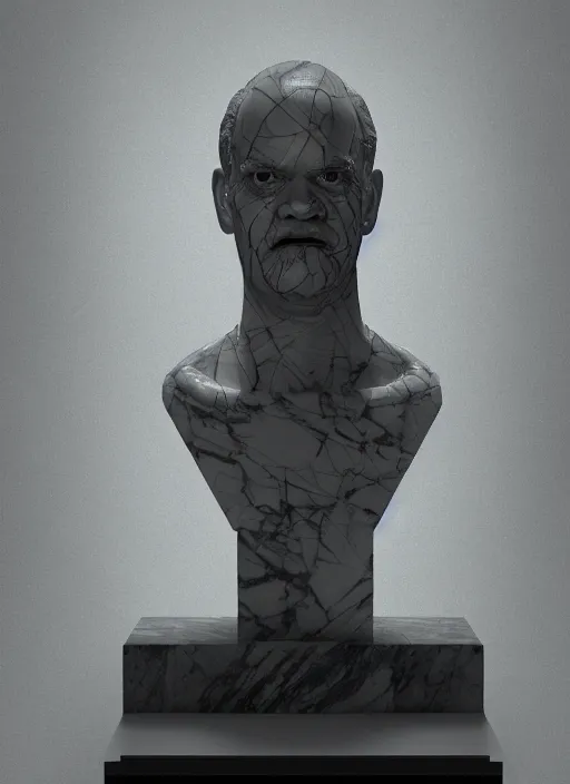 Image similar to a statue made of white marble with gold veins, of kelsey grammer as frasier crane, transhumanism, full body shot, perfect symmetrical body, perfect symmetrical face, hyper realistic, hyper detailed, by johannen voss, by peter kemp, by monia merlo, by michelangelo, octane render, blender, 8 k