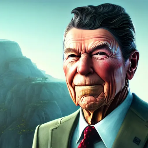 Image similar to highly detailed portrait, ronald reagan, in gta v, stephen bliss, unreal engine, fantasy art by greg rutkowski, loish, rhads, ferdinand knab, makoto shinkai and lois van baarle, ilya kuvshinov, rossdraws, tom bagshaw, global illumination, radiant light, detailed and intricate environment