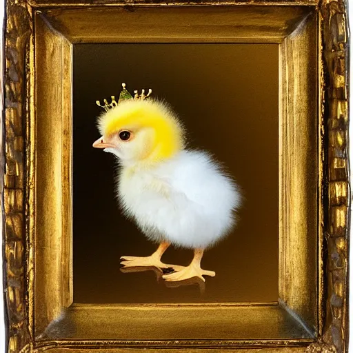 Prompt: a baby chick wearing a golden crown, oil in canvas style