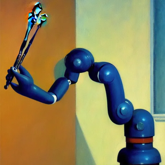 Image similar to a beautiful illustration of a robotic arm holding a paintbrush in front of a canvas by Edward Hopper, clean lines, very detailed, colorful octane render