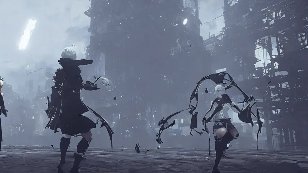 Prompt: Screenshot from Nier Automata during a boss fight with Boris Johnson