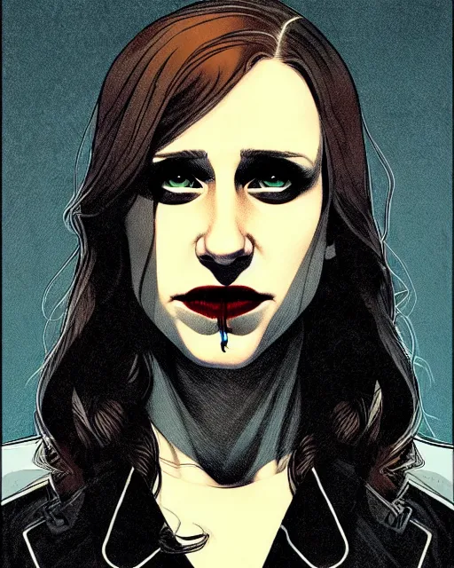 Image similar to in the style of Rafael Albuquerque comicbook art and Joshua Middleton, moody lighting, beautiful evil vampire Taissa Farmiga sharp bloody vampire fangs, evil smile showing fangs, symmetrical eyes, realistic face, symmetrical face, brown leather jacket, jeans, long black hair, full body