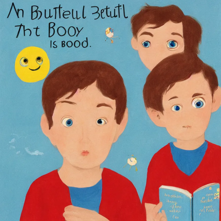 Prompt: a beautiful boy with large eyes and small nose, children's book cover