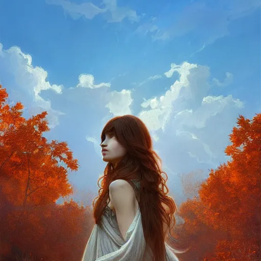 Image similar to girl with super long hair, hair becoming autumn red leaves, intricate, highly detailed, digital painting, artstation, concept art, smooth, sharp focus, illustration, unreal engine 5, 8 k, art by artgerm and greg rutkowski and alphonse mucha