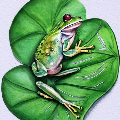 Image similar to water color on paper, frog hopping onto a lilly pad, highly detailed, artstation, masterpiece, award - winning,