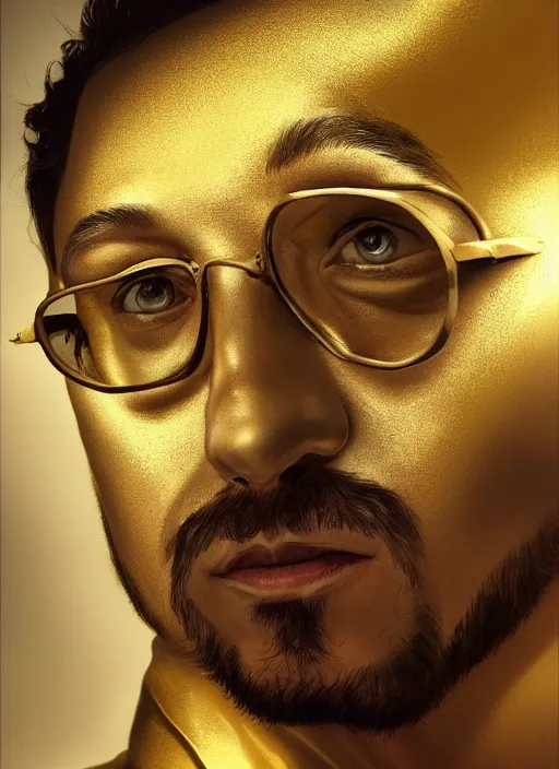 Prompt: Sam Hyde in gold suit, sigma male, accurately portrayed, portrait art by Salvador Dali, highly detailed, digital painting, concept art, illustration, dim lighting with twilight rays of sunlight, trending on artstation, very detailed, smooth, sharp focus, octane render, close up