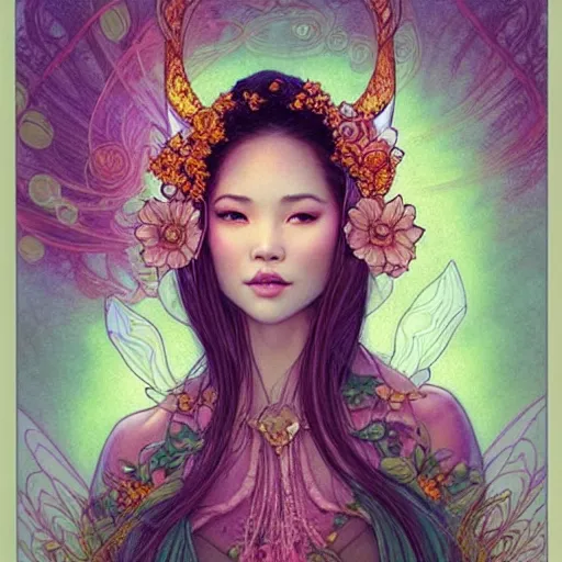 Prompt: face portrait of a thai beautiful mysterious fairy with flowery tall headgear, without hands, by eve ventrue, artgerm, thomas kinkade, hayao miyazaki. art nouveau. tarot card by mucha. gloomhaven. swirly intricate linework background. gaudy colors, sharp edges. octane render