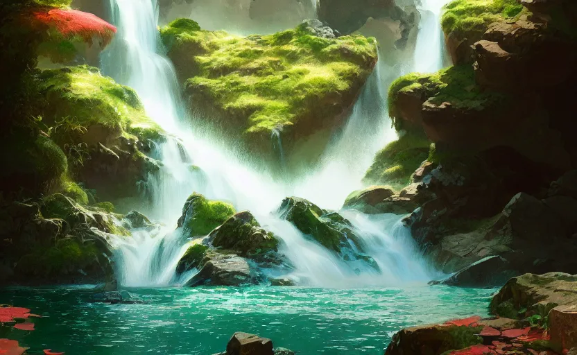 Image similar to flowing waterfall + lush rockscape + gushing clear water full of fish and algae, highly detailed, digital painting, artstation, concept art, smooth, sharp focus, illustration, art by wlop, mars ravelo and greg rutkowski