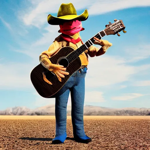 Prompt: an frog wearing cowboy outfit and holding an mini guitar in a desert