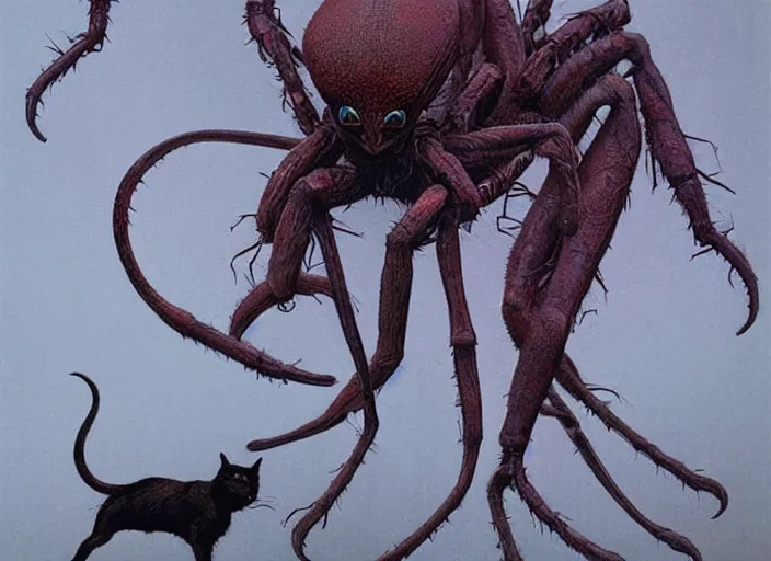 Image similar to a picture of an horrifi creature with spider! torso and leg and with a black cat head!, art by wayne barlowe and