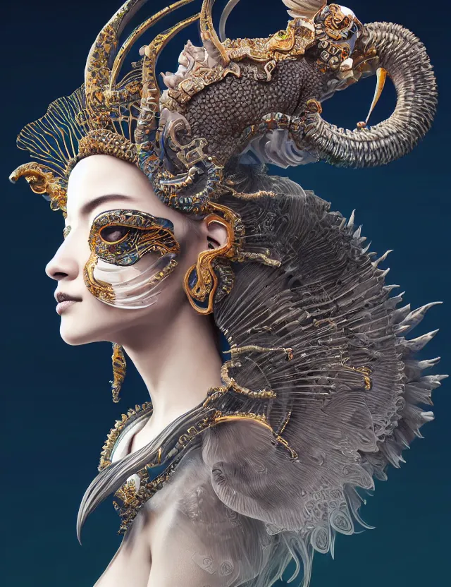 Prompt: 3 d goddess close - up profile portrait with crown, ram skull. beautiful intricately detailed japanese crow kitsune mask and clasical japanese kimono. betta fish, jellyfish phoenix, bio - luminescent, plasma, ice, water, wind, creature, artwork by tooth wu and wlop and beeple and greg rutkowski