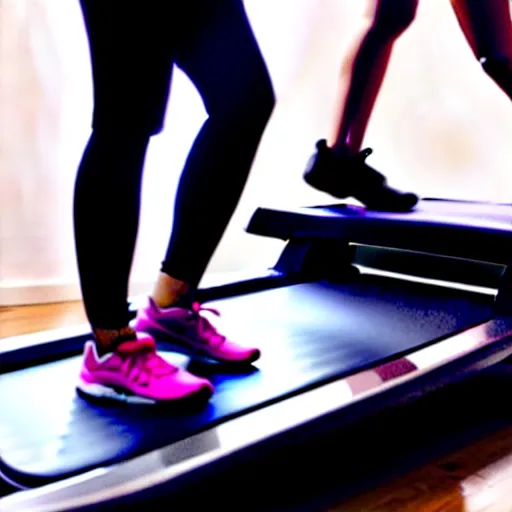 Image similar to A woman walking on a treadmill with her dog walking on a smaller treadmill next to her