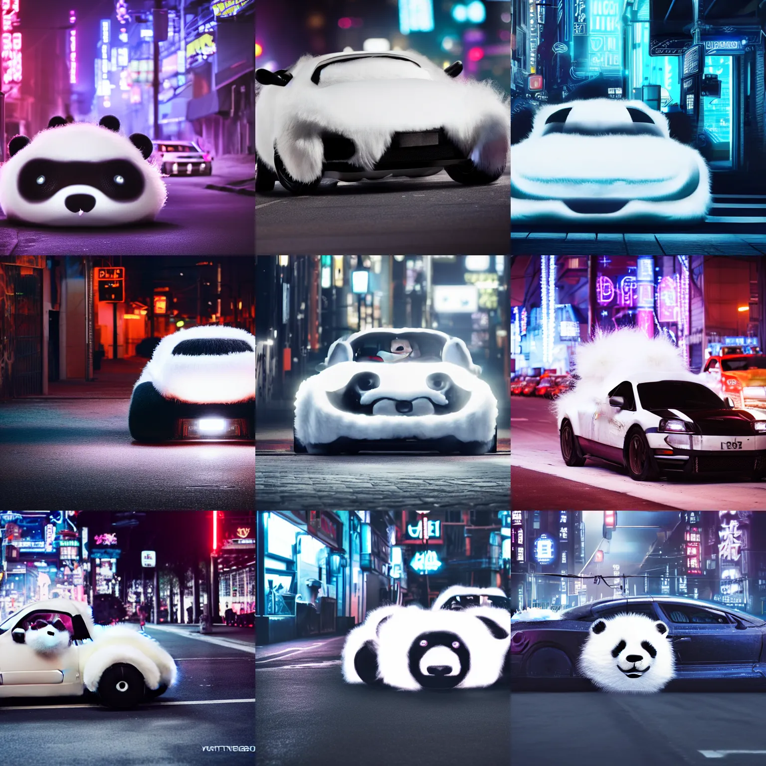 Image similar to a fluffy roadster covered with white fur and looked like a cute panda, with cool headlights, parking in the street, Cyberpunk, neon light, 4k, hd, highly detailed