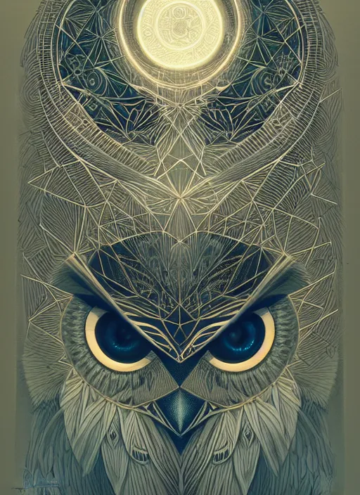 Image similar to portrait of a geometric owl, identical eyes, medium shot, illustration, full body made of white feathers, symmetrical, art stand, super detailed, cinematic lighting, and its detailed and intricate, gorgeous, by peter mohrbacher