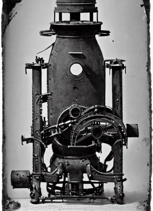 Prompt: 1 8 8 5 photo of a steampowered riveted turret from portal 2, daguerrotype, high quality