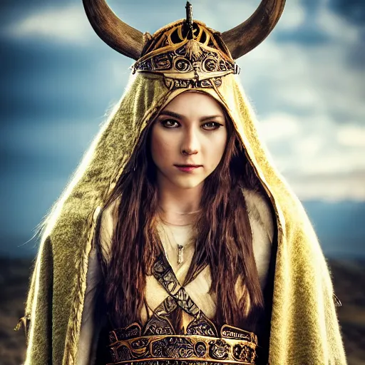 Prompt: beautiful Viking queen with ornate cloak, highly detailed, 4k, HDR, smooth, sharp, focus, hyper realistic, high resolution, award-winning photo