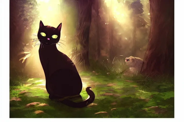 Image similar to cat in the forest, backlighting, digital art, trending on artstation, fanart, by kawacy