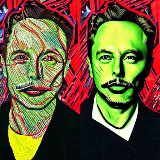 Image similar to portrait of elon musk, mashup between mc escher and vincent van gogh