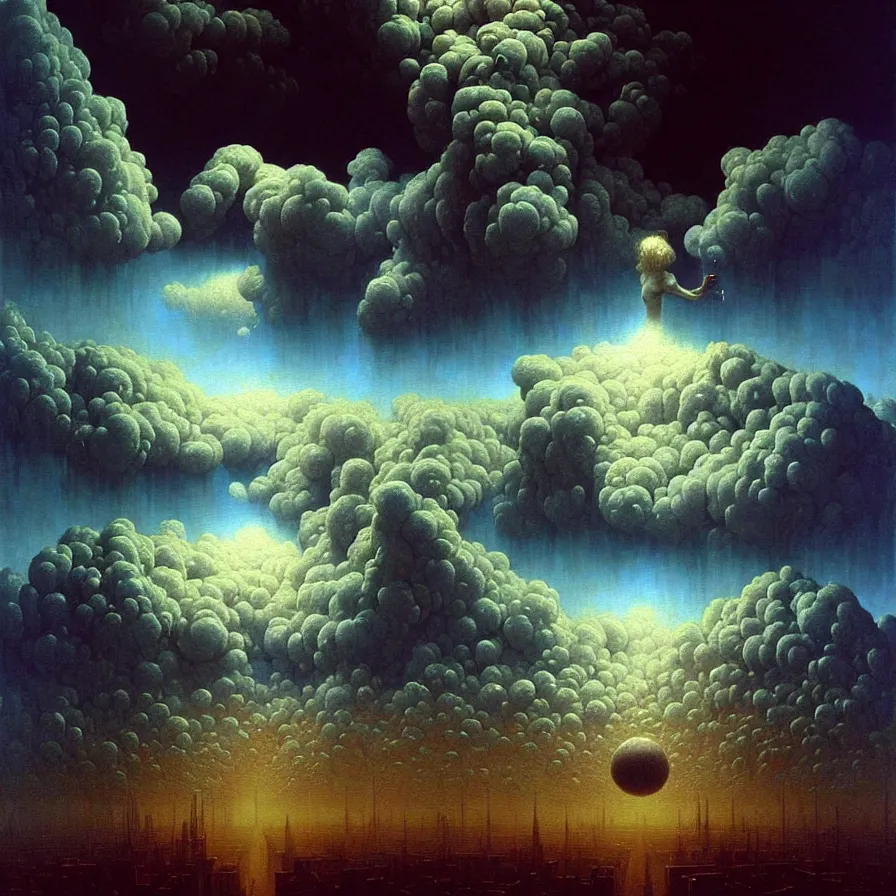 Image similar to a hyperrealistic painting of a piece of art. highly detailed, vivid color cinematic sci fi clouds and stars. smoke. futurism. fantasy. by beksinski carl spitzweg. baroque elements. baroque element. intricate artwork by caravaggio. oil painting. oil on canvas. award winning. dramatic. trending on artstation. 8 k by chris cunningham and richard corben