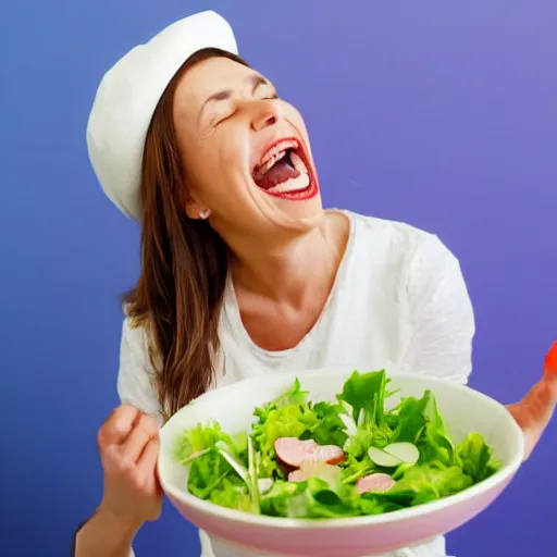 Prompt: alamy stock picture of a woman eating salad and laughing, pastel background, 4k