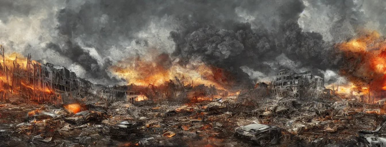 Prompt: still snapshots from moment of explosion hydrogen bomb, dust ground shockwave, apocalyptic vision, landscape in fire, waste, total destruction, detailed drawing of total devastation, collapsed houses, broken forests, burnt remains of cars and garbage, high detail, saturated colors, by james paick, render unreal engine - h 7 0 4