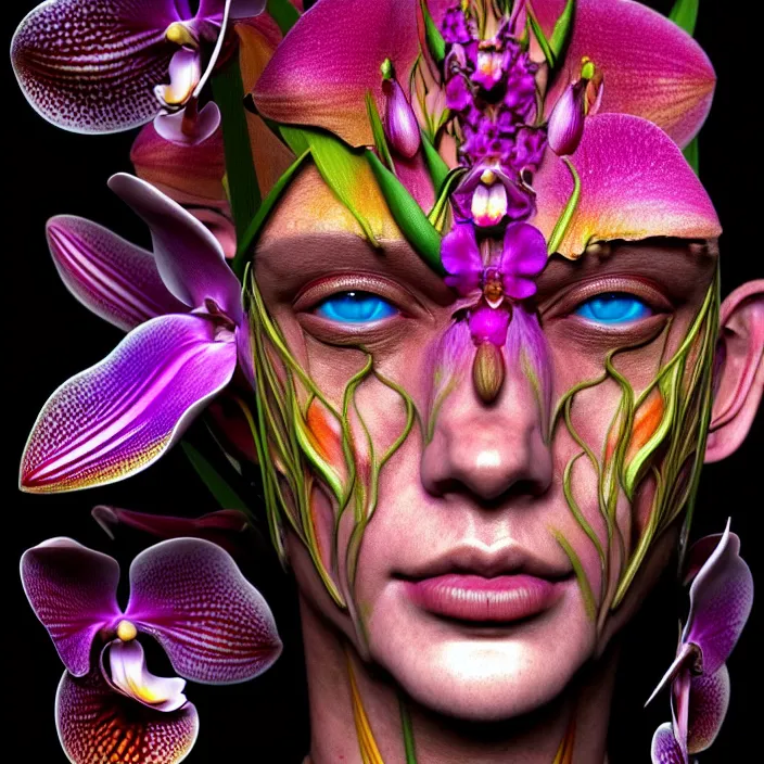 Prompt: psychedelic face made of orchid, diffuse lighting, fantasy, intricate, elegant, highly detailed, lifelike, photorealistic, digital painting, artstation, illustration, concept art, smooth, sharp focus, art by Giuseppe Arcimboldo