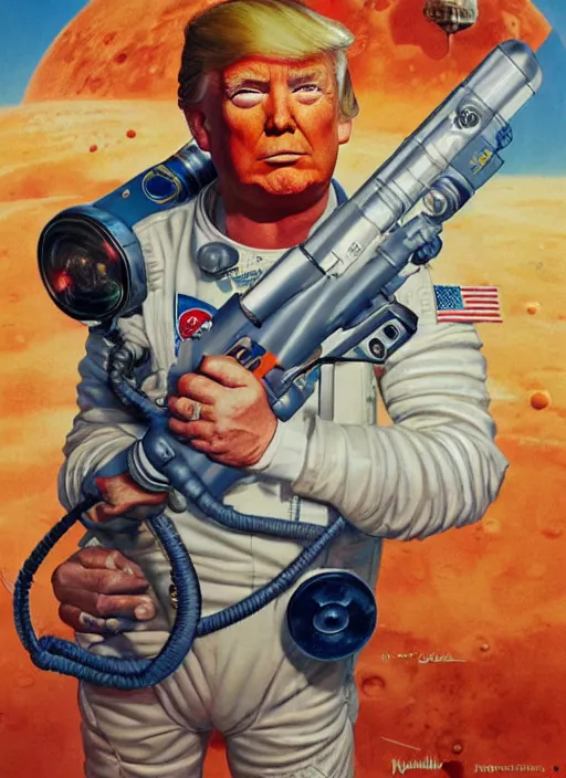 Prompt: painting of donald trump astronaut on mars holding a ray gun by norman rockwell, by drew struzan, high res