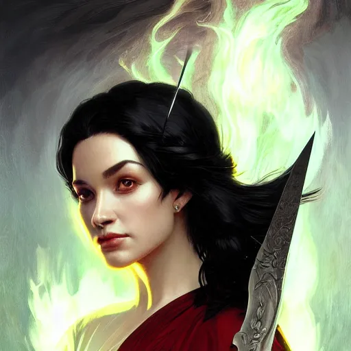 Image similar to portrait, woman with black hair called the lady of ash wielding a sword, elegant, digital illustration, fire magic, detailed, intricate, sharp focus, digital painting, deep focus, digital painting, artstation, concept art, matte, art by artgerm and greg rutkowski and alphonse mucha