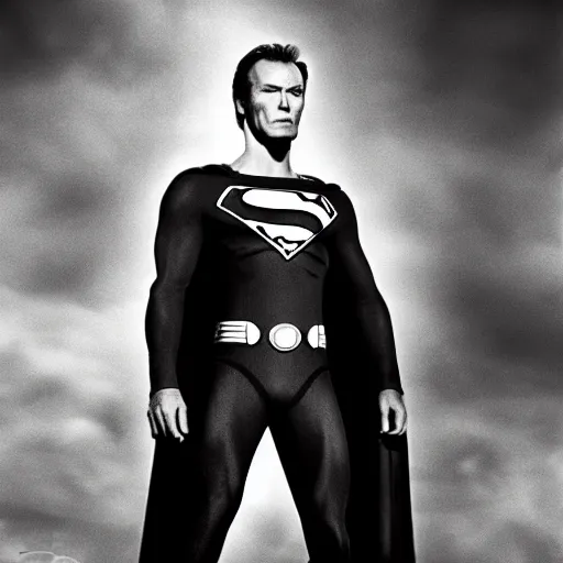 Prompt: A photography of Clint Eastwood as Superman, highly quality, black and white