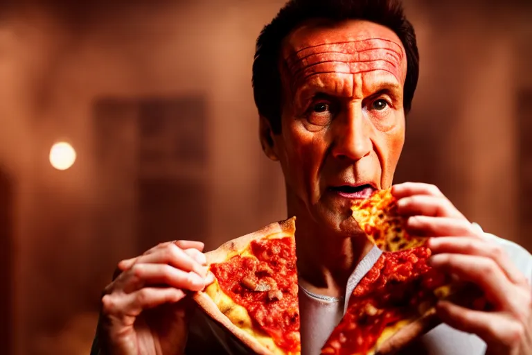 Image similar to Gaius Julius Caesar eating a slice of pizza from Little Caesars, cinematic, soft lighting, highly detailed, 8k