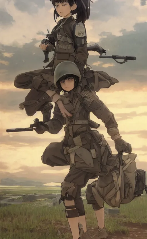 Prompt: panoramic view, girl, soldier clothing, battlefield in background, anime style, short hair, hair down, symmetrical facial features, from arknights, hyper realistic, 4 k, rule of thirds, extreme detail, detailed drawing, safebooru, hd, d & d, realistic lighting, by alphonse mucha, greg rutkowski, sharp focus, backlit