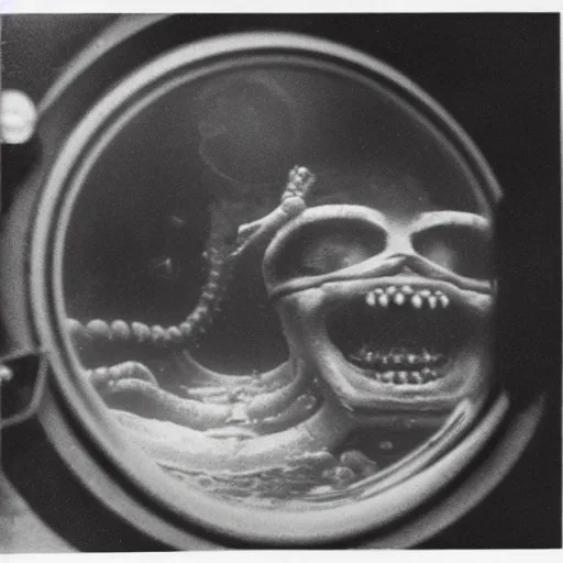 Prompt: an old black and white photo of a nightmarish lovecraftian horror seen through the porthole of a submarine, underwater, creepy, scary, dark,