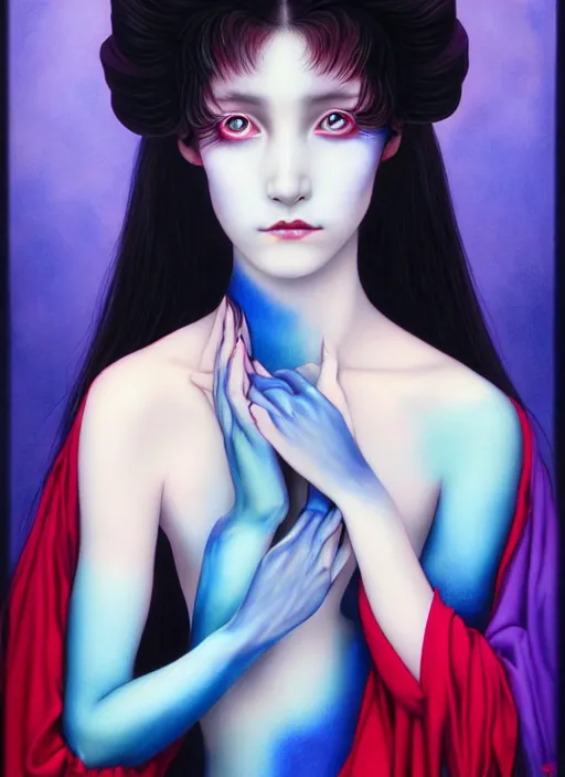 Image similar to beautiful matte airbrush portrait of a maiden with sad eyes crying on a white background, inspired by ayami kojima, 8 0's airbrush aesthetic, purple red and blue color palette, art by pater sato