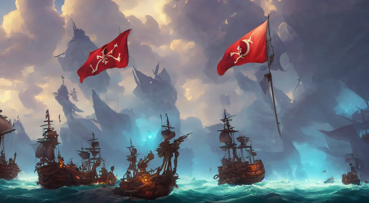 Image similar to pirates on a ghost ship with the Jolly Roger flag in the ocean, volumetric lighting, fantasy art overwatch and heartstone video game icon, a detailed matte painting, by RHADS, cgsociety, fantasy art, matte painting, artstation hq, matte drawing, by makoto shinkai and Beeple Jorge Jacinto ,Tyler Edlin, philipsue on artstation