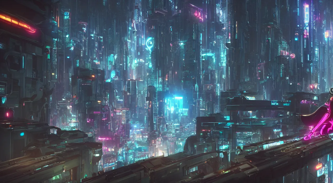 Image similar to A futuristic cyborg cat sits on the edge of a wall looking out over a cyberpunk city, unreal engine, art station, octane render, grunge, neon lights, flying cars, robots, laser, 8k