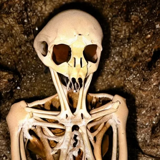 Image similar to humanoid made of translucent brown sludge full of animal bones, it's head is a deer skull with glowing yellow eyes, found in a cave made of clay, found footage, unsettling, flash photography,